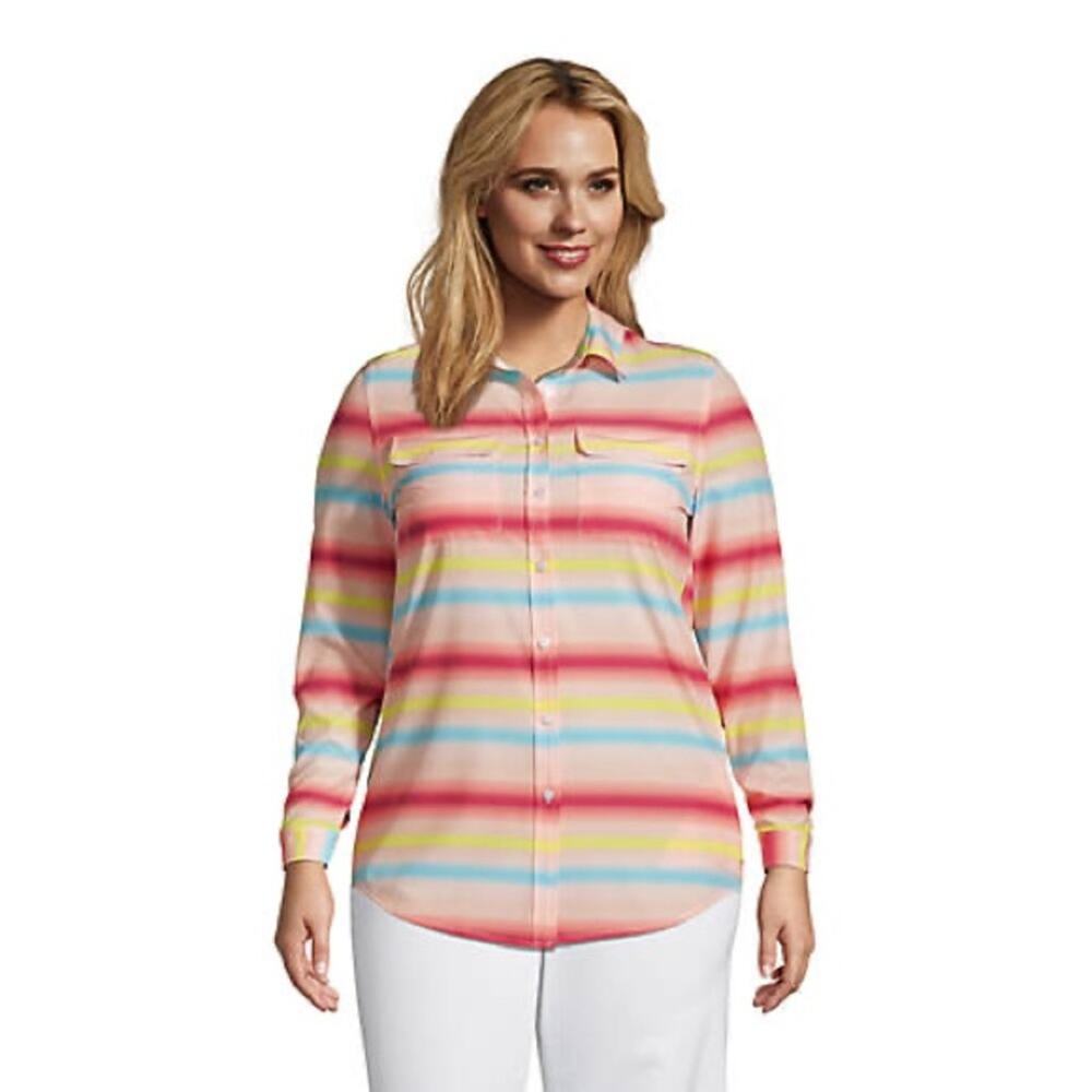 Lands’ End Plus Size 365 Long Sleeve Tunic Top Stripe Fishing Outdoors Quick Dry